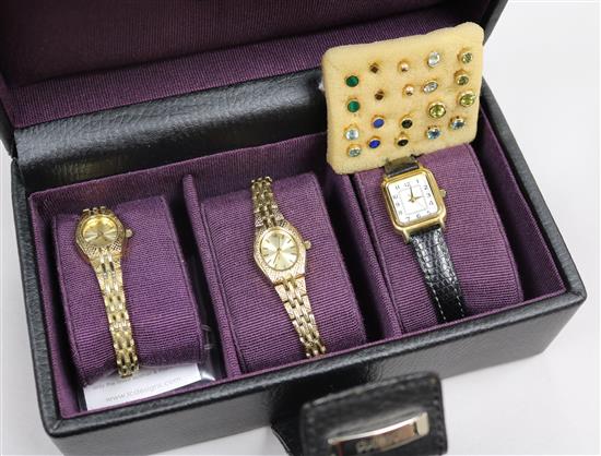 Ten pairs of assorted 9ct gold ear studs including gem set and three ladys wrist watches.